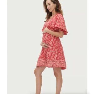 "NWT"HATCH Maternity The Grace Bandana Flutter Sleeve Dress In Red Floral- Large